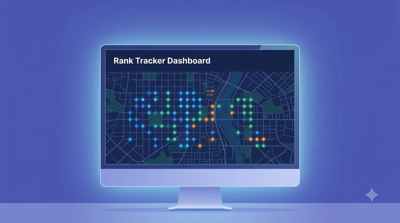 Geo-grid rank tracker showing Google Maps rankings from many points across a city