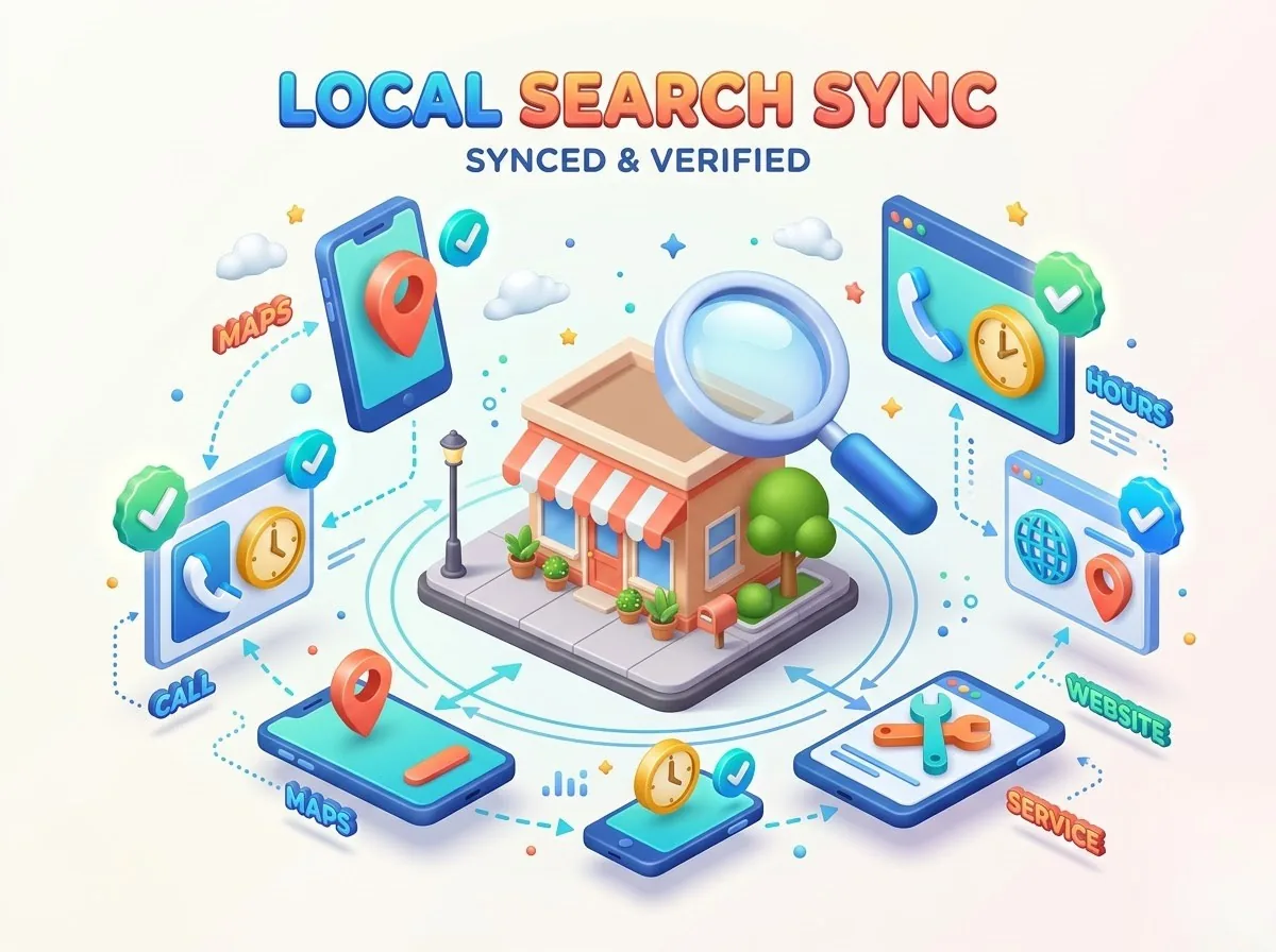Local search sync keeping business information consistent across maps listings and directories