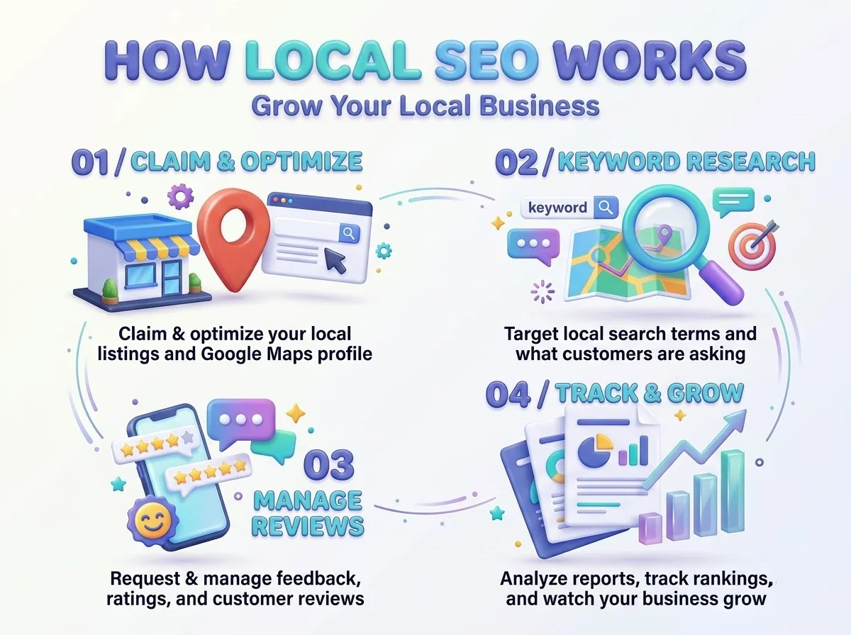How local SEO works from claiming listings and keyword research to reviews and tracking growth