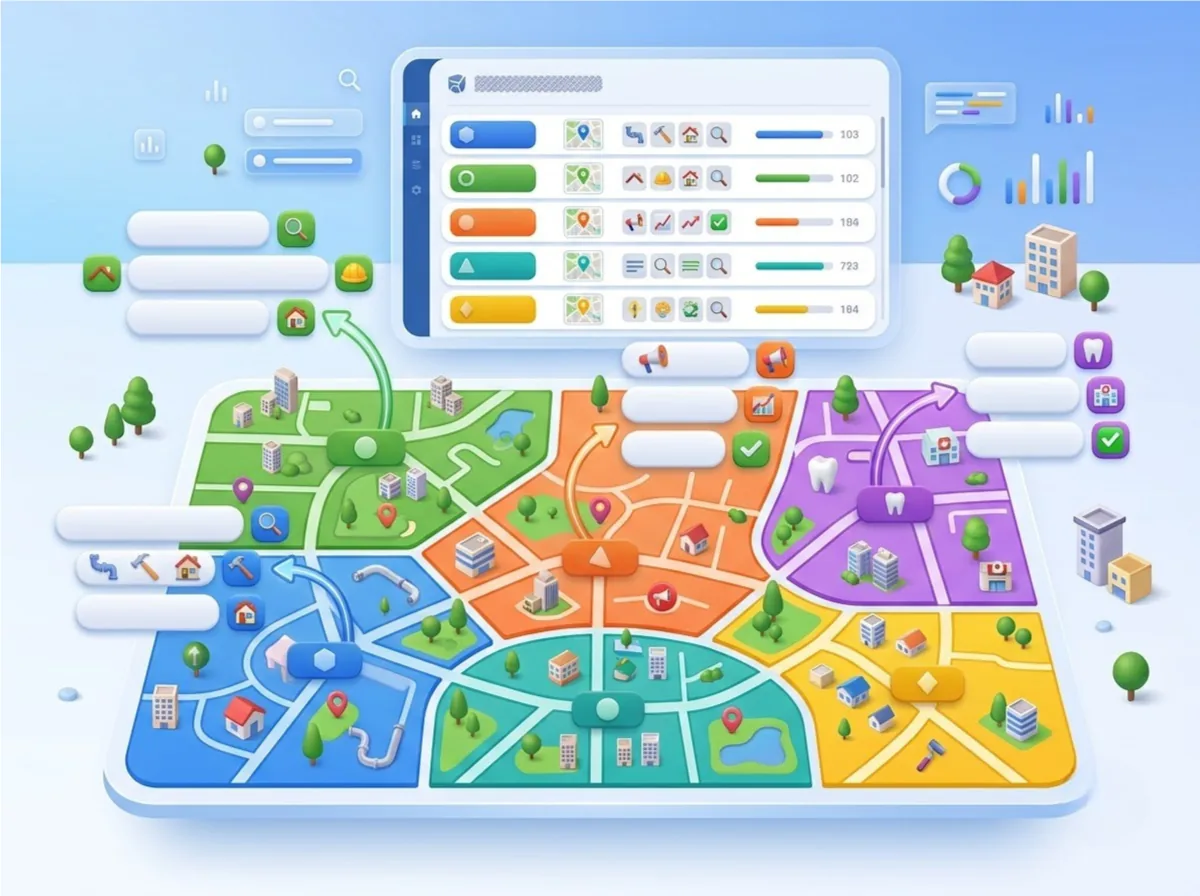 Geo-grid map showing neighborhood-level local search visibility across service areas