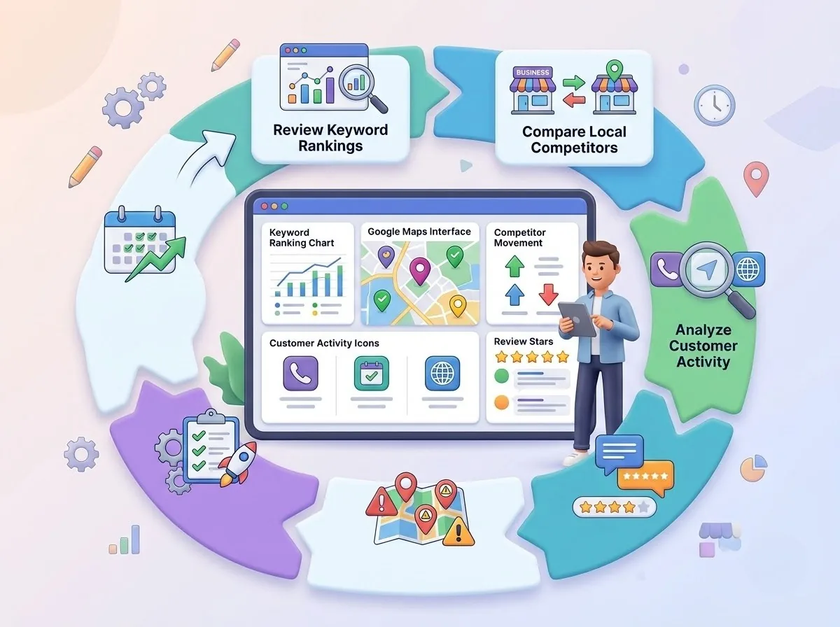 Local SEO reporting workflow reviewing keyword rankings, competitors, maps and customer actions