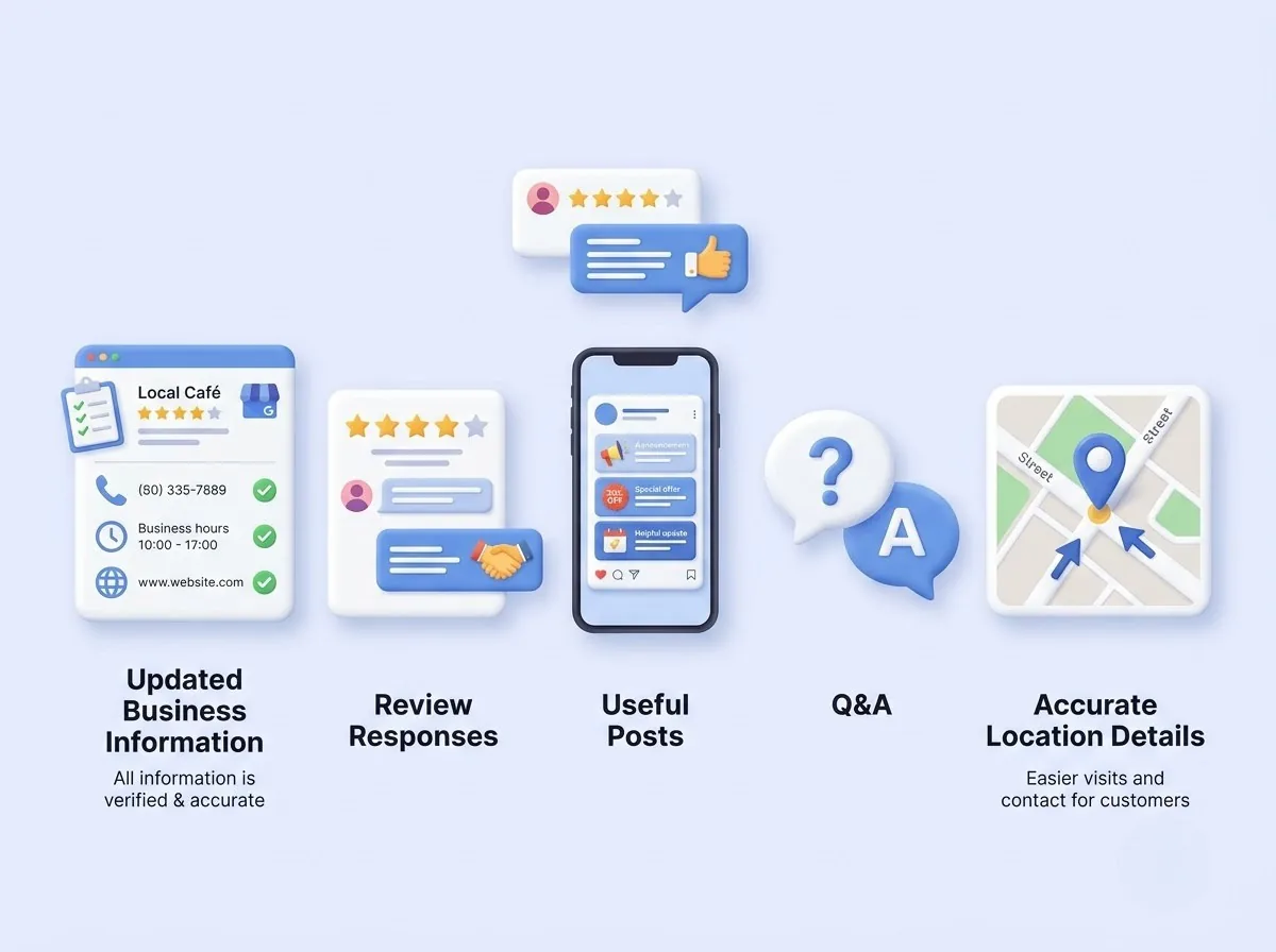 Google Business Profile management with accurate info reviews posts Q&A and location details