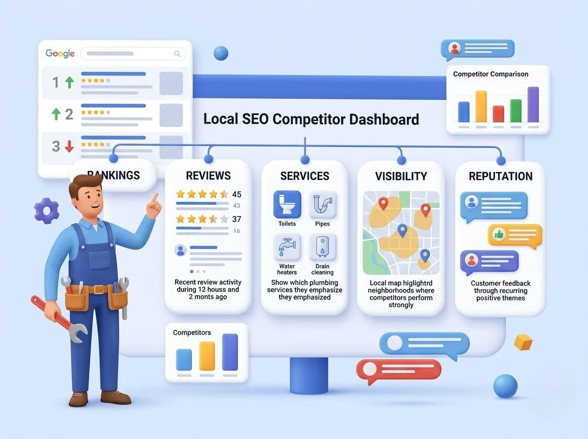 Local SEO competitor dashboard comparing rankings reviews services visibility and reputation